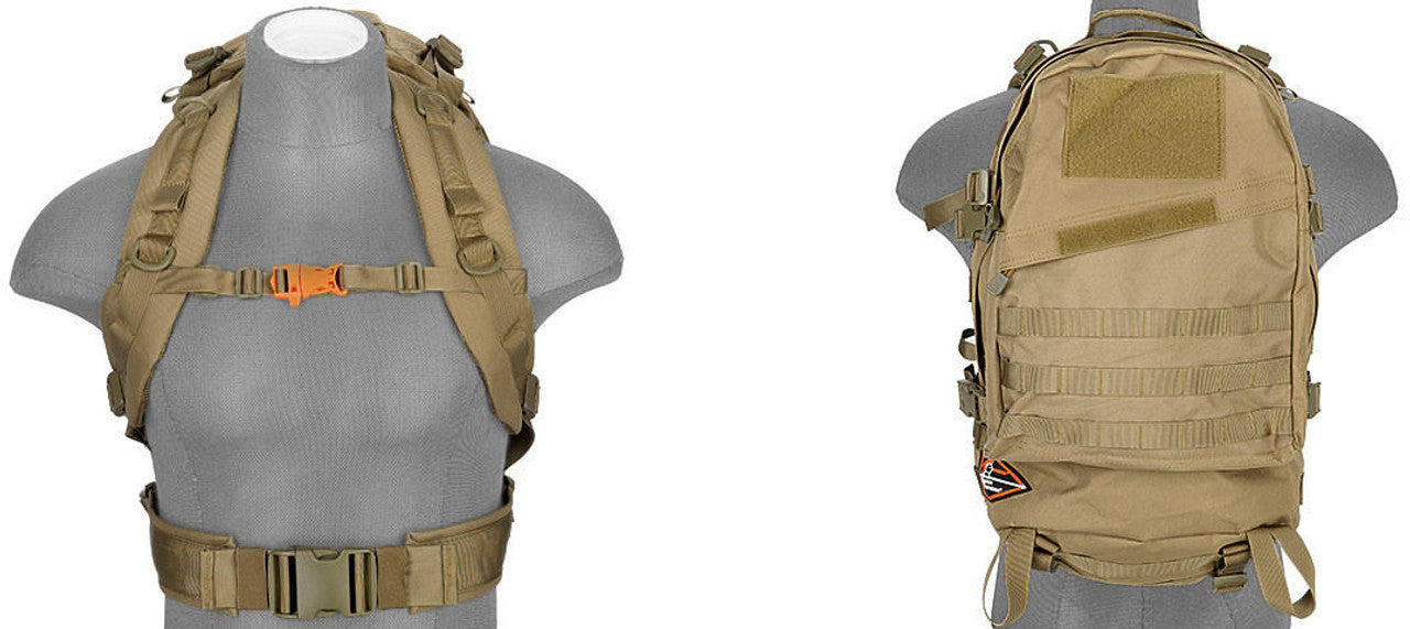 Lancer Tactical 3-Day Assault Pack in AT-FG camo, with MOLLE webbing, adjustable straps, and a large main compartment for tactical gear, Front side and Back side view