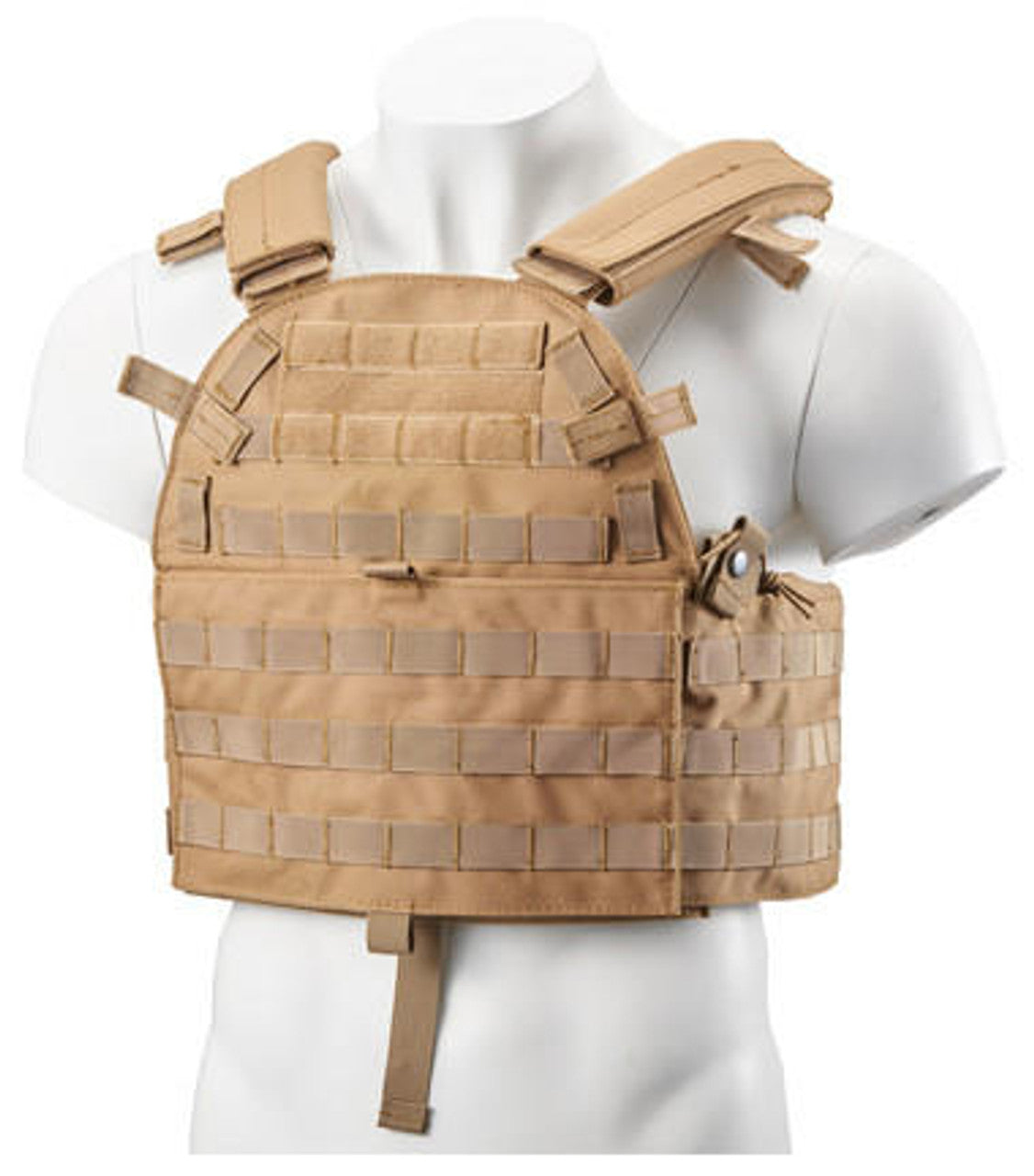 Front view of Lancer Tactical Nylon 6094 Tactical Vest in Coyote Brown, showcasing MOLLE webbing for customization and storage of tactical accessories