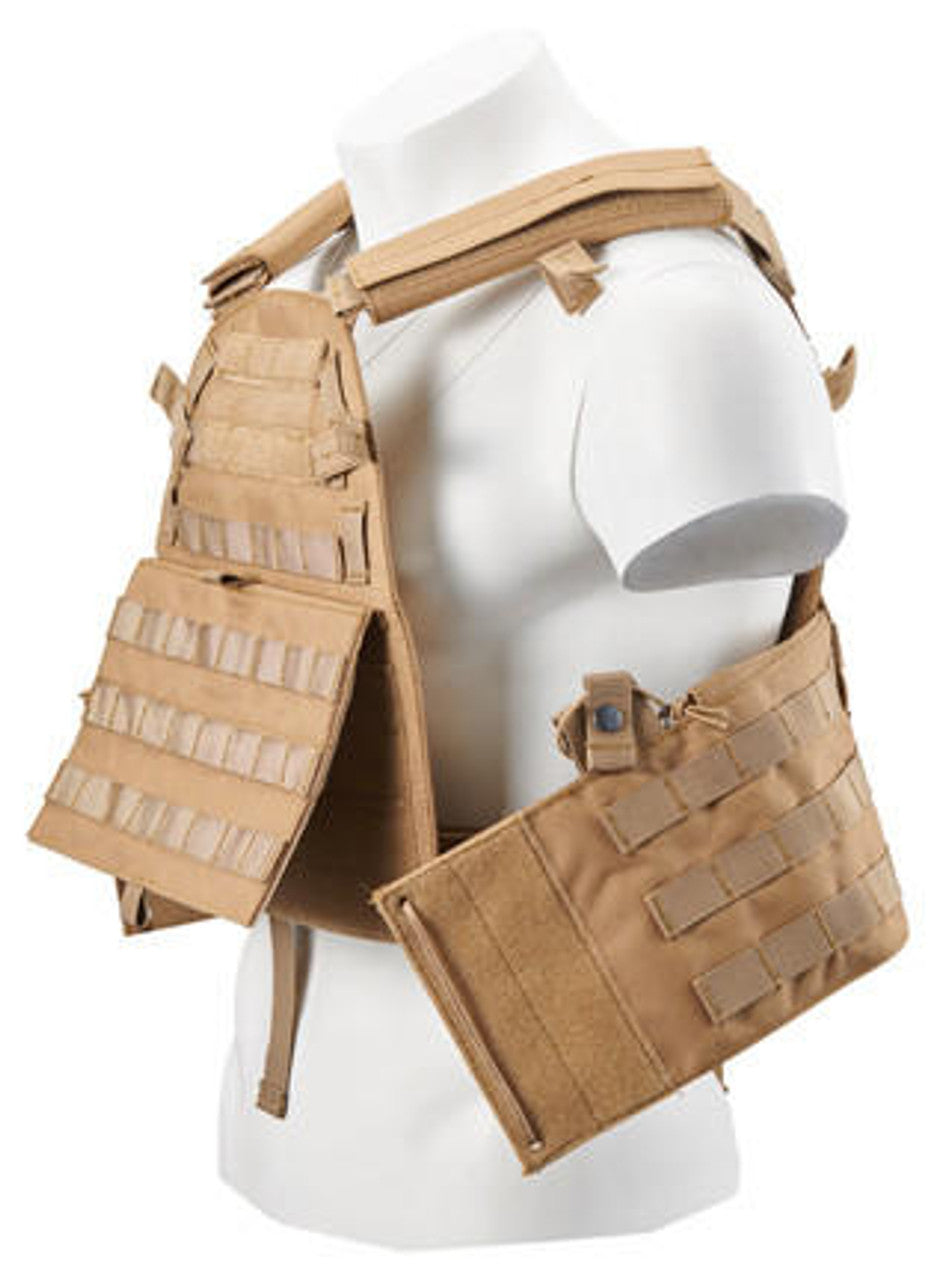 Side view of Lancer Tactical Nylon 6094 Tactical Vest in Coyote Brown, highlighting adjustable straps and secure fit for various body types