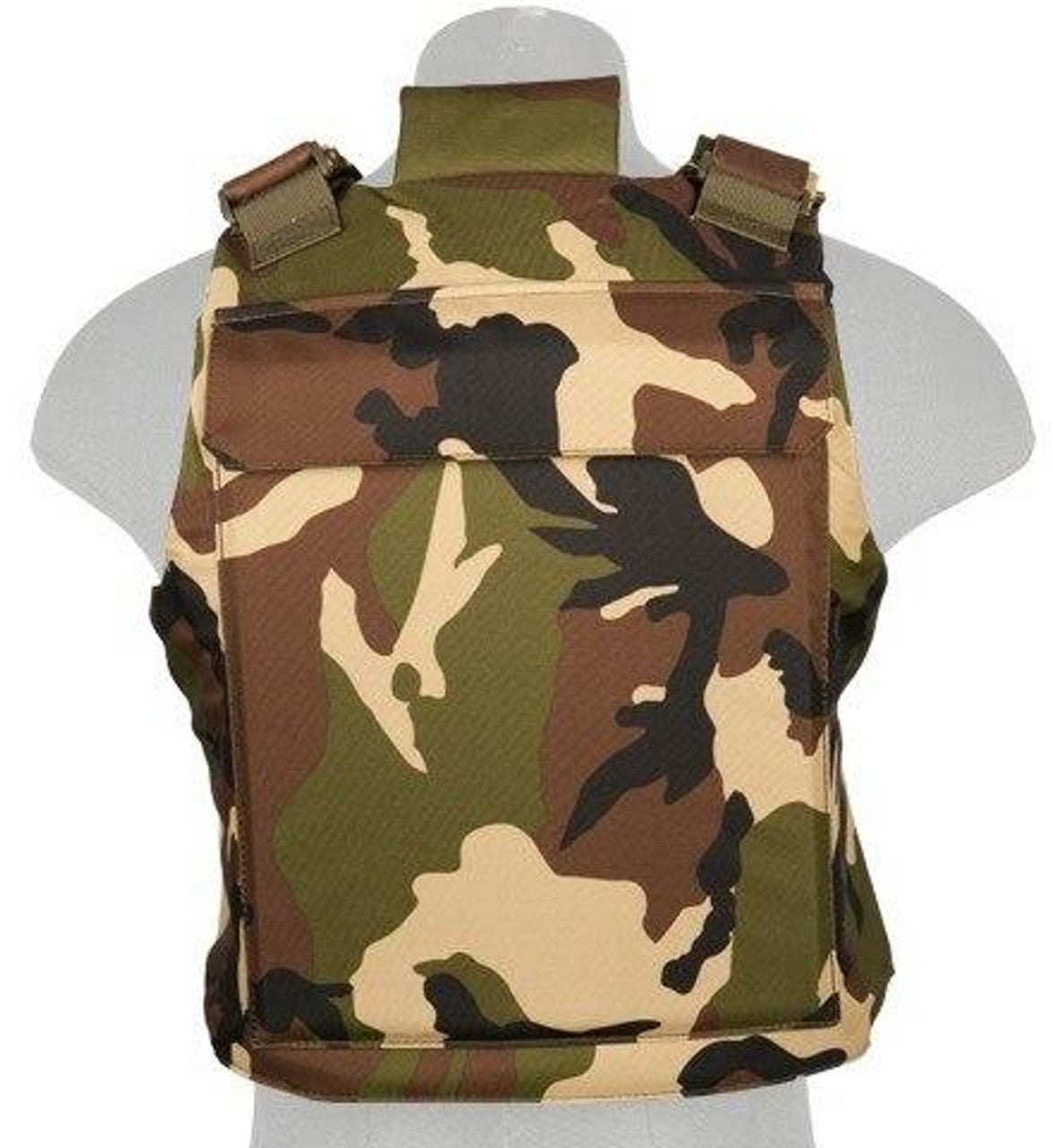 Lancer Tactical Nylon Body Armor Vest Woodland Camo, Back side view of the tactical vest