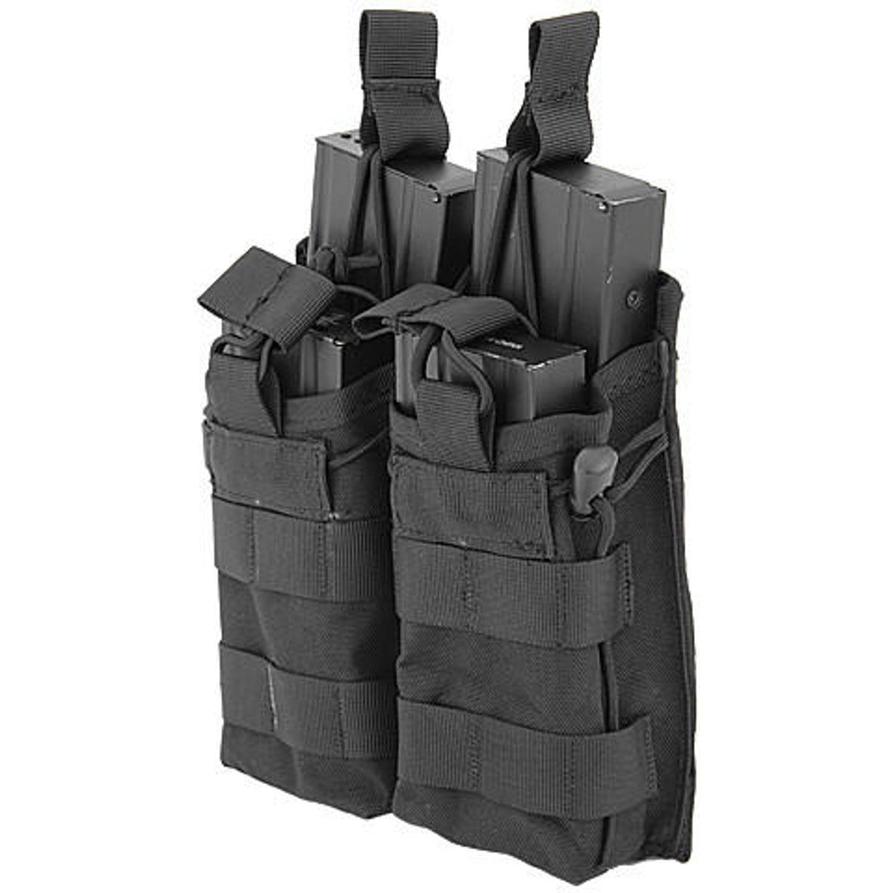 Black Lancer Tactical Nylon Bungee Open Top Double Mag Airsoft Pouch with bungee retention system and MOLLE compatibility.