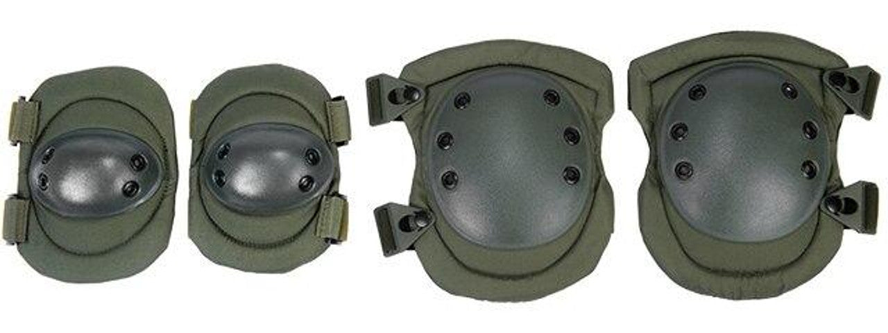 Close-up of Knee Pad: "Durable nylon knee pad in Olive Drab Green with adjustable straps