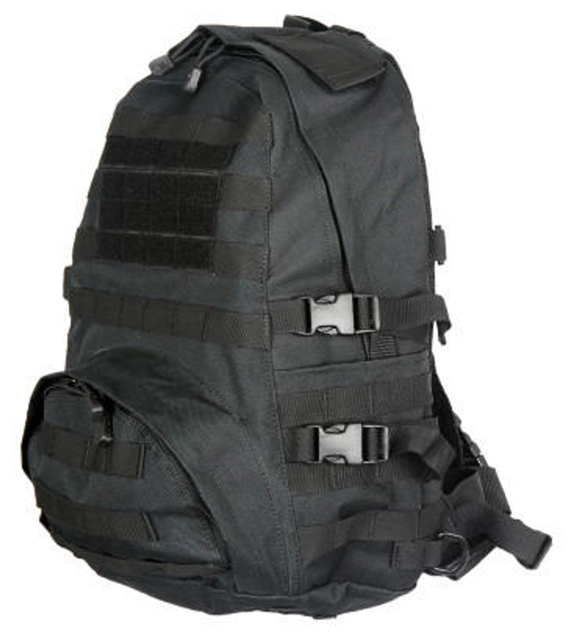 Side view of the Lancer Tactical Nylon Patrol Backpack, Black, featuring a large main compartment, front utility pouch, and padded shoulder straps