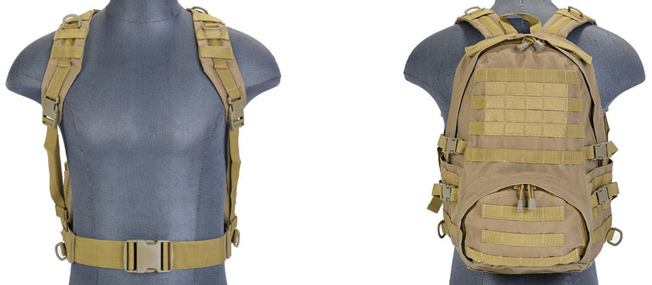 Lancer Tactical Patrol Backpack in Dark Earth, featuring MOLLE webbing, adjustable straps, and durable 600D nylon construction for tactical use - Front Side View of Shoulder Straps and Back Side View of the Backpack