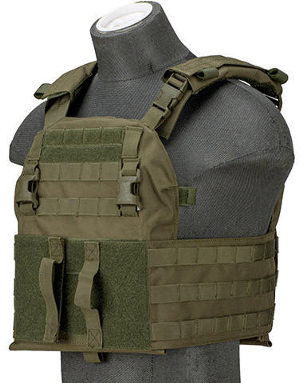 Lancer Tactical Quick Depart Plate Carrier in OD Green with MOLLE webbing, adjustable straps, and quick-release system for tactical use - Left Angle view of the Front side