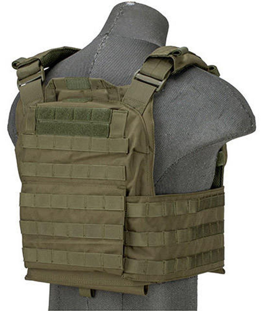 Lancer Tactical Quick Depart Plate Carrier in OD Green with MOLLE webbing, adjustable straps, and quick-release system for tactical use - Right Angle view of the back side