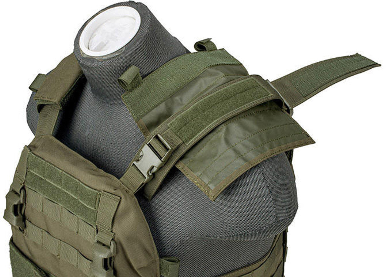 Lancer Tactical Quick Depart Plate Carrier in OD Green with MOLLE webbing, adjustable straps, and quick-release system for tactical use - Top view of the left shoulder strap off