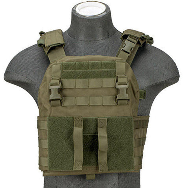 Lancer Tactical Quick Depart Plate Carrier in OD Green with MOLLE webbing, adjustable straps, and quick-release system for tactical use