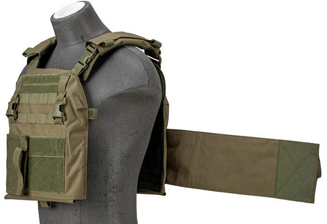 Lancer Tactical Quick Depart Plate Carrier in OD Green with MOLLE webbing, adjustable straps, and quick-release system for tactical use - view of the back side strap off