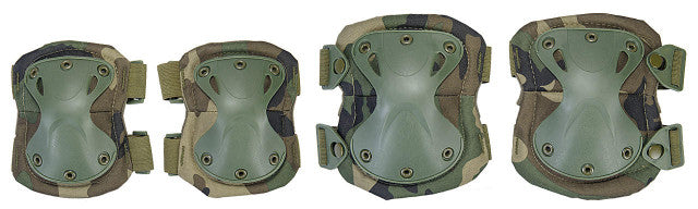 Close-up of Knee Pad: "Durable knee pad with quick-release straps in Woodland Camo design