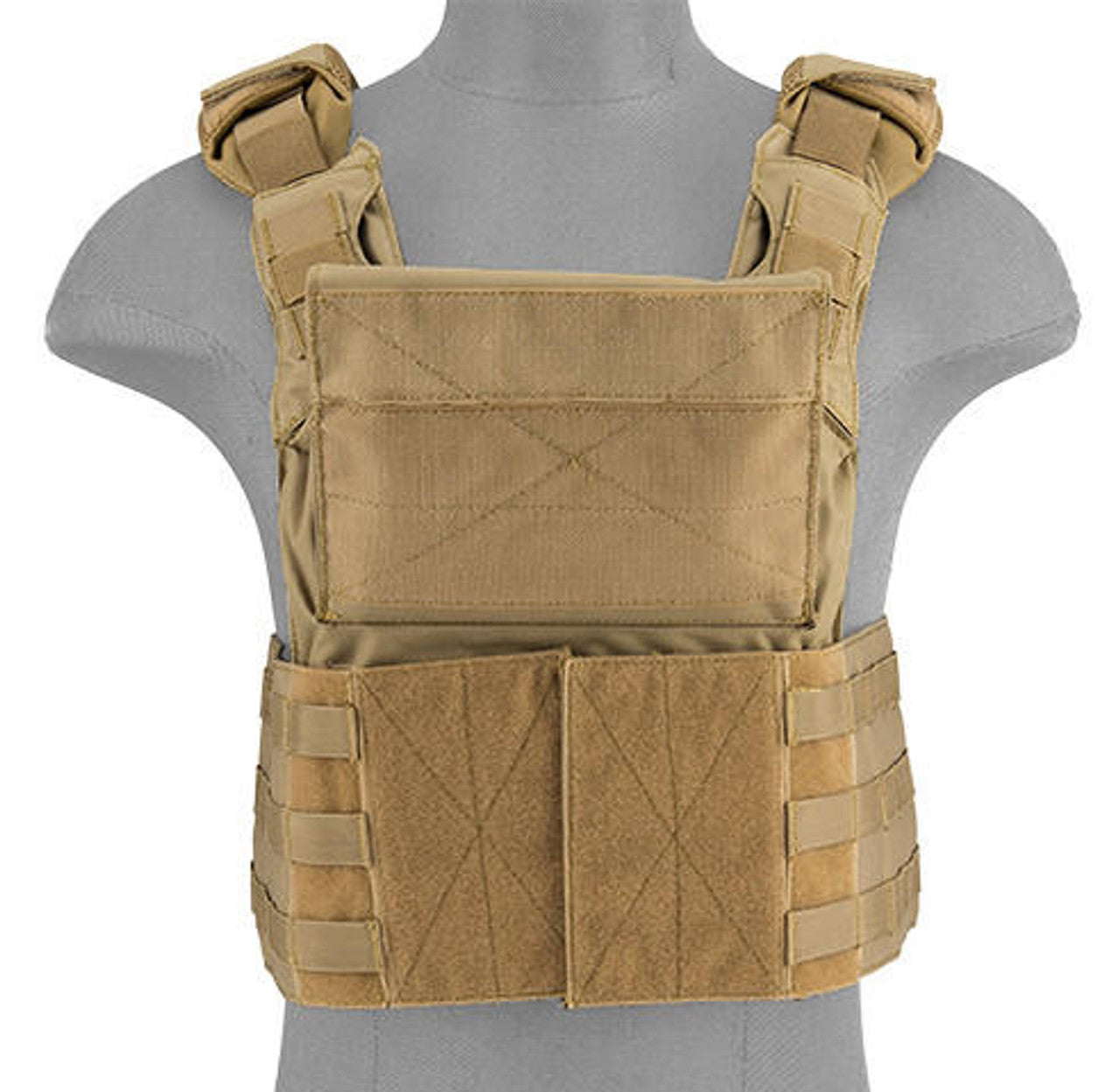 Front view of Lancer Tactical Tan SAPC Tactical Vest with MOLLE webbing