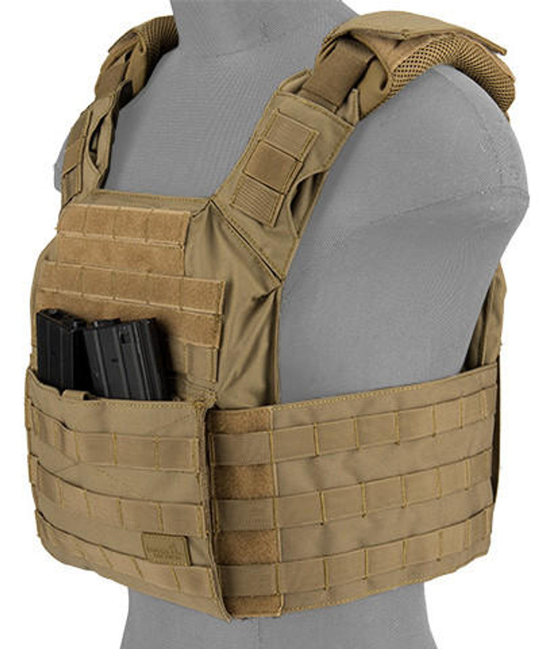Lancer Tactical SAPC Plate Carrier – Tan | Dual Mag Pouch & Shoulder Pads | Tactical Vest for Airsoft