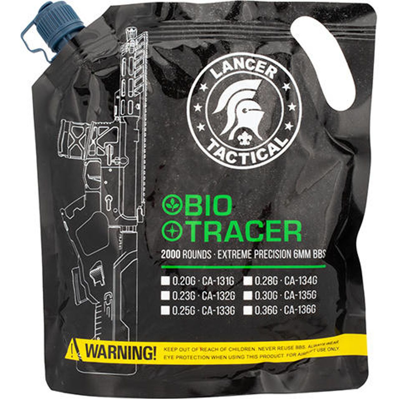 Lancer Tactical Seamless 0.20g Biodegradable Tracer Airsoft BBs, 2000 rounds, green color, eco-friendly, for night games and CQB.