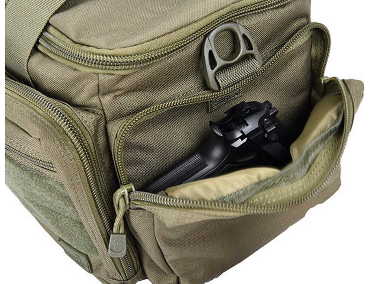 Side profile of the OD Green competition range bag with reinforced stitching and zippered storage pockets for magazines and tools. - Side pocket for handgun and other zipper compartments