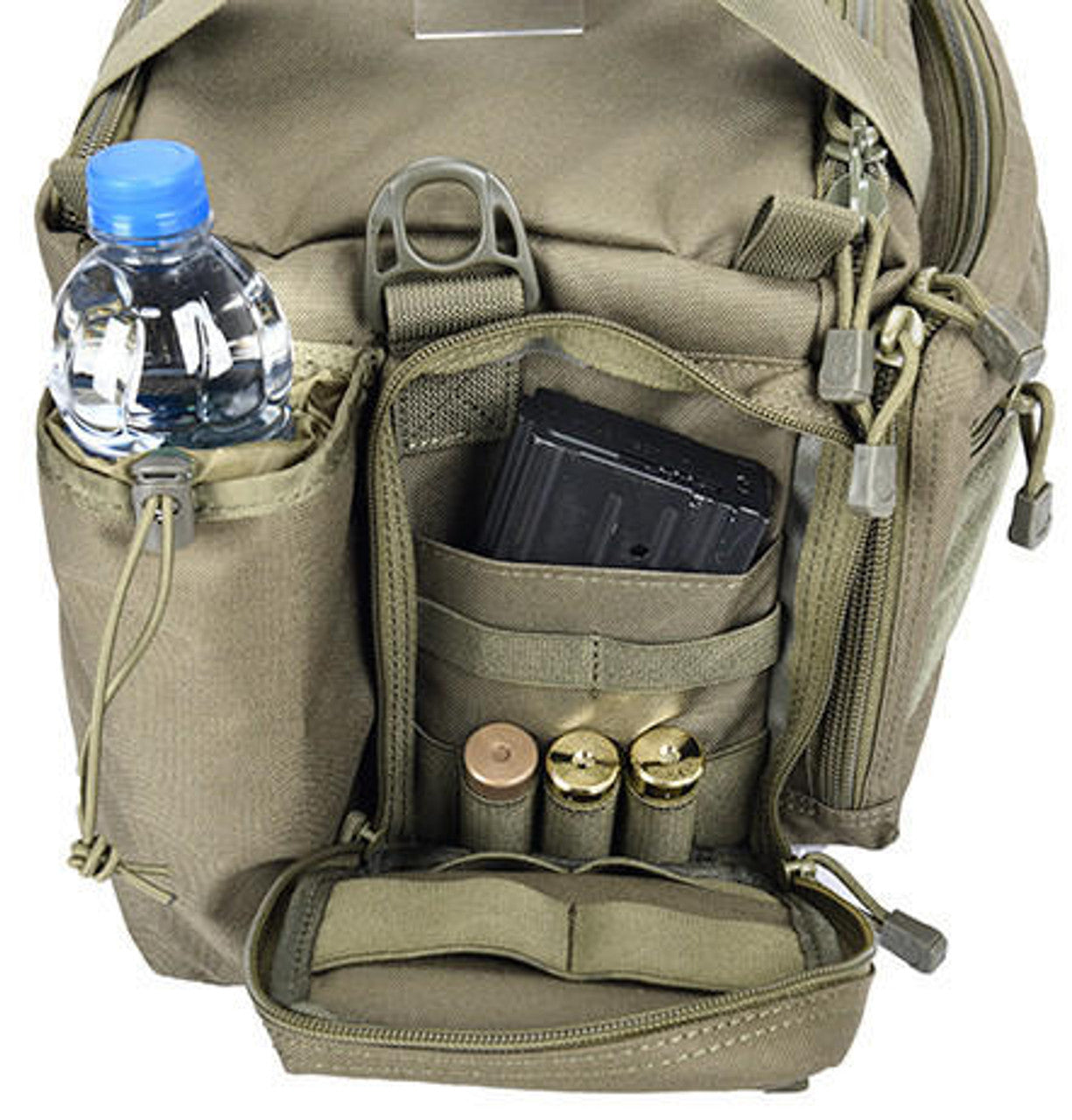 Side view of the range bag with additional zippered pockets for magazines, tools, and shooting gear.