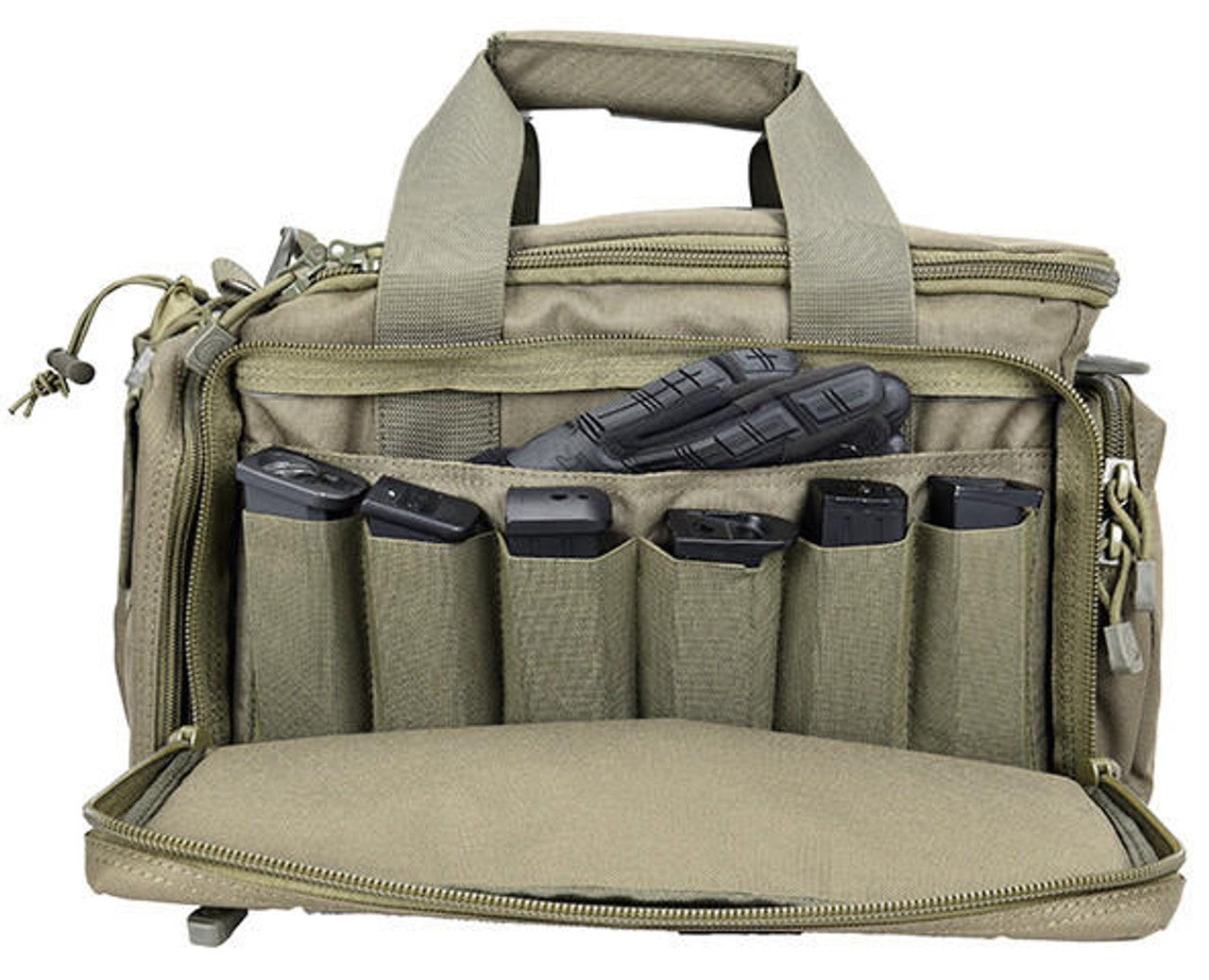 Side profile of the OD Green competition range bag with reinforced stitching and zippered storage pockets for magazines and tools.