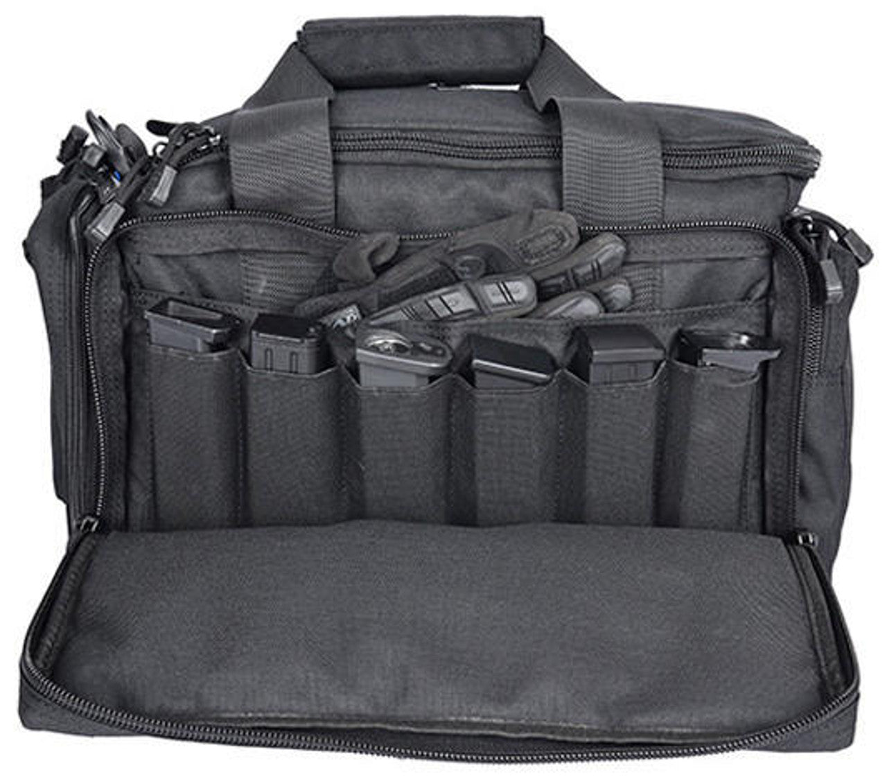 Side profile of the black range bag with reinforced stitching and zippered storage pockets for magazines and tools