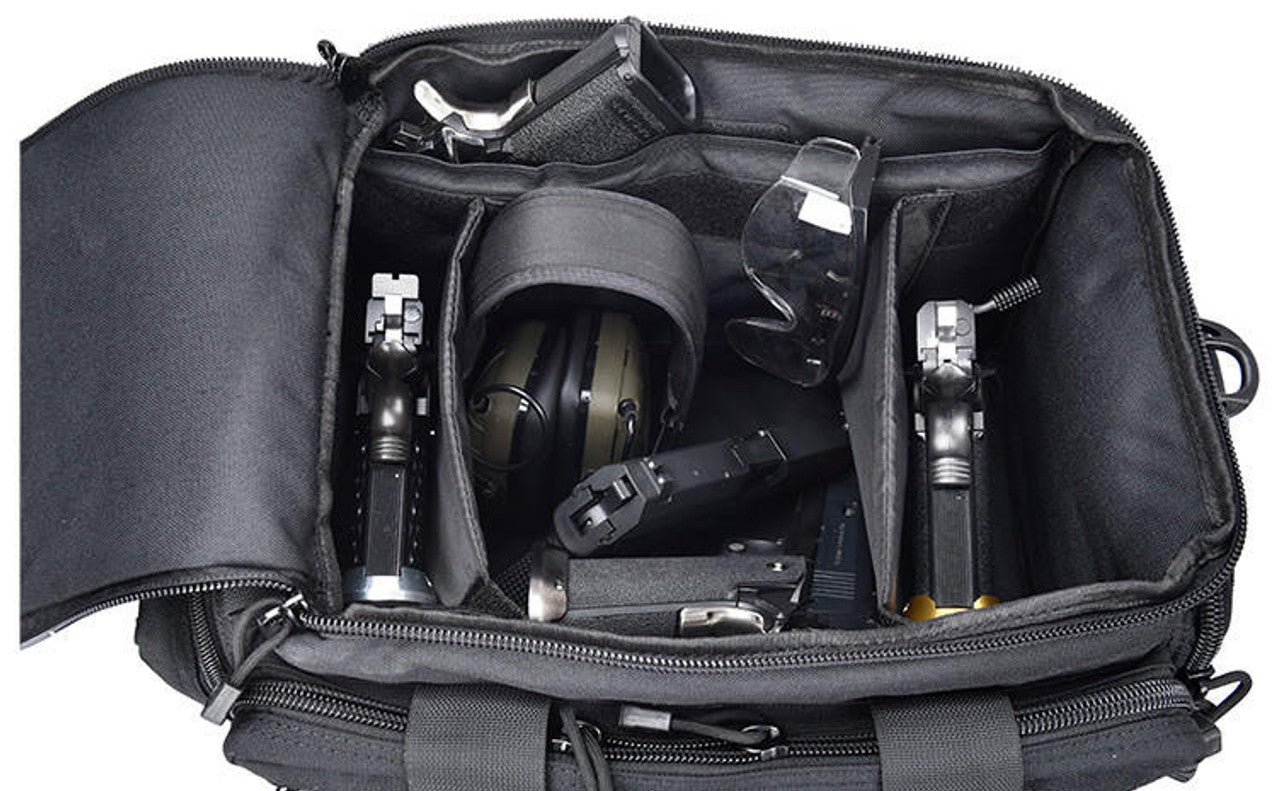 Inside view of the range bag, featuring padded dividers to organize firearms, ammunition, and accessories securely