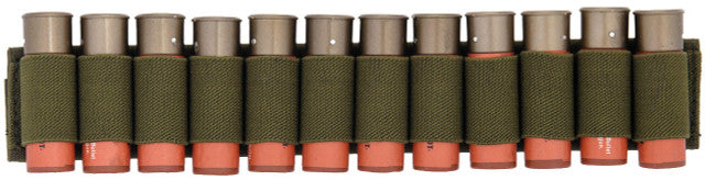"Lancer Tactical Shotgun Shell Holder in OD Green, made of durable 1000D nylon, holding 12 shotgun shells, and compatible with sling or belt for quick access