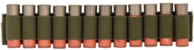 Lancer Tactical Shotgun Shells Holder in OD Green, securely holding 12 shotgun shells, crafted from durable 1000D nylon, and attachable to sling or belt for tactical convenience.