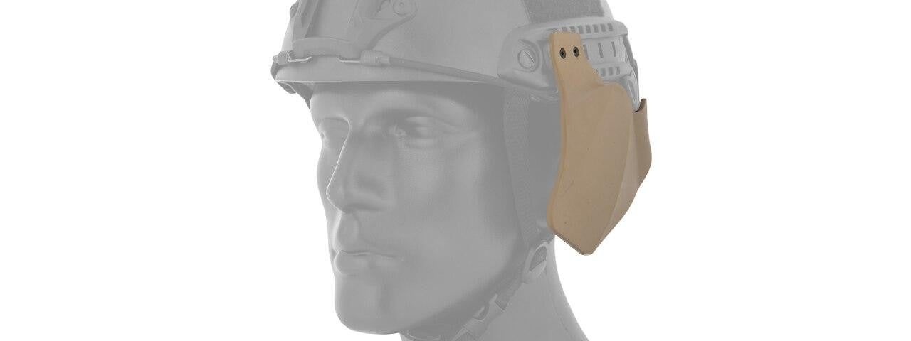 Side view of Lancer Tactical Side Covers for Military Style Railed Helmets in Tan, showing their secure fit and sleek design, available at Gray Dragon Airsoft