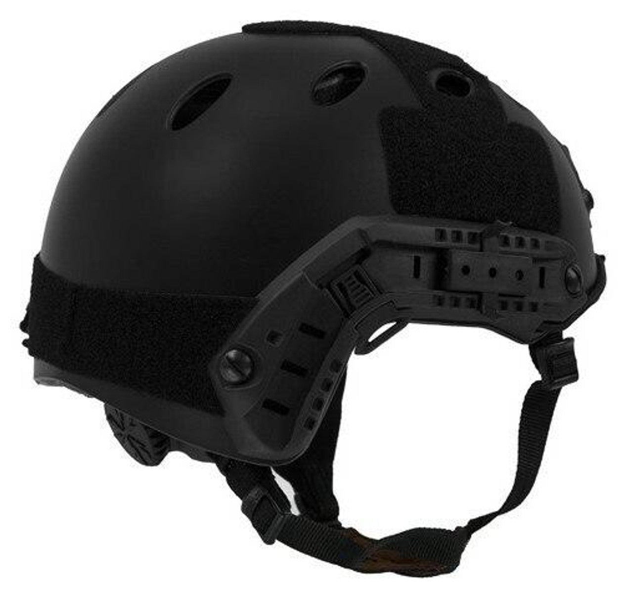 Lancer Tactical SpecOps Military Style Helmet PJ Type with Rails and Velcro in Black – Close-up of rails and velcro patches for mounting accessories