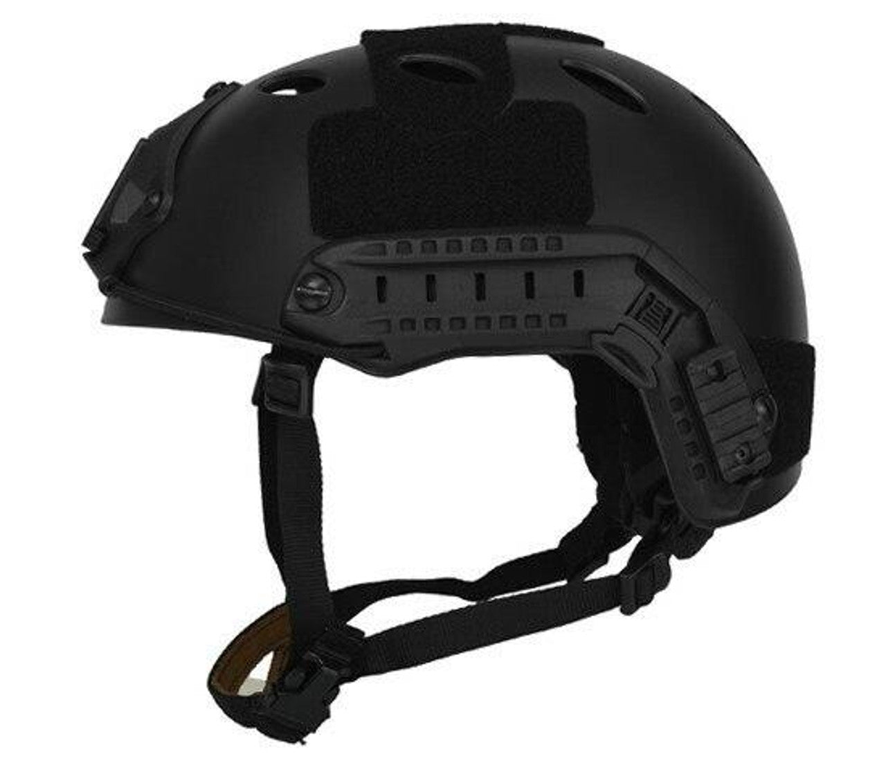 Lancer Tactical SpecOps Military Style Helmet PJ Type with Rails and Velcro in Black – Side view displaying accessory rails and adjustable fit