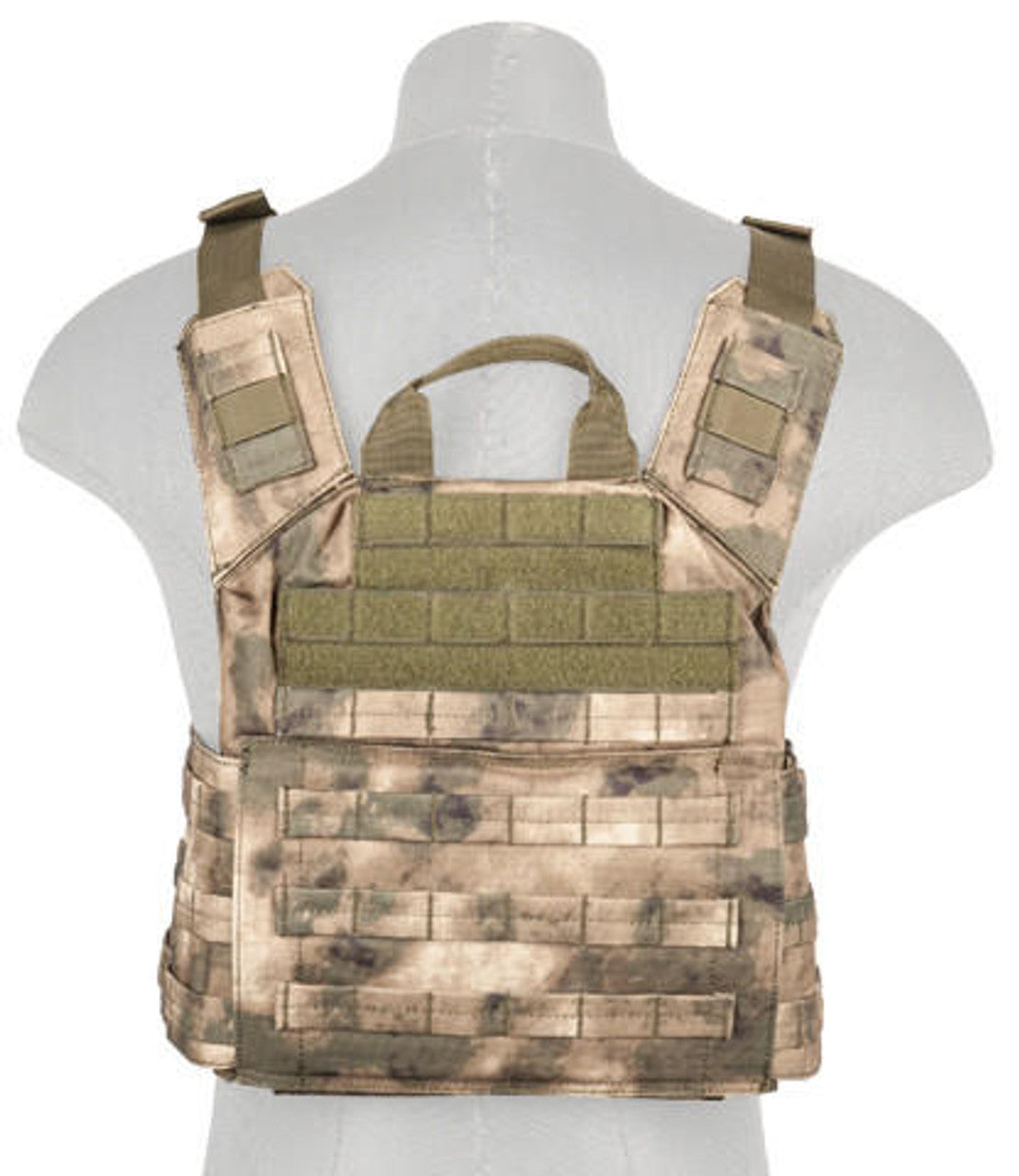 Lancer Tactical AT-FG Camo MOLLE vest for airsoft and tactical operations - Back side view of the Tactical Vest