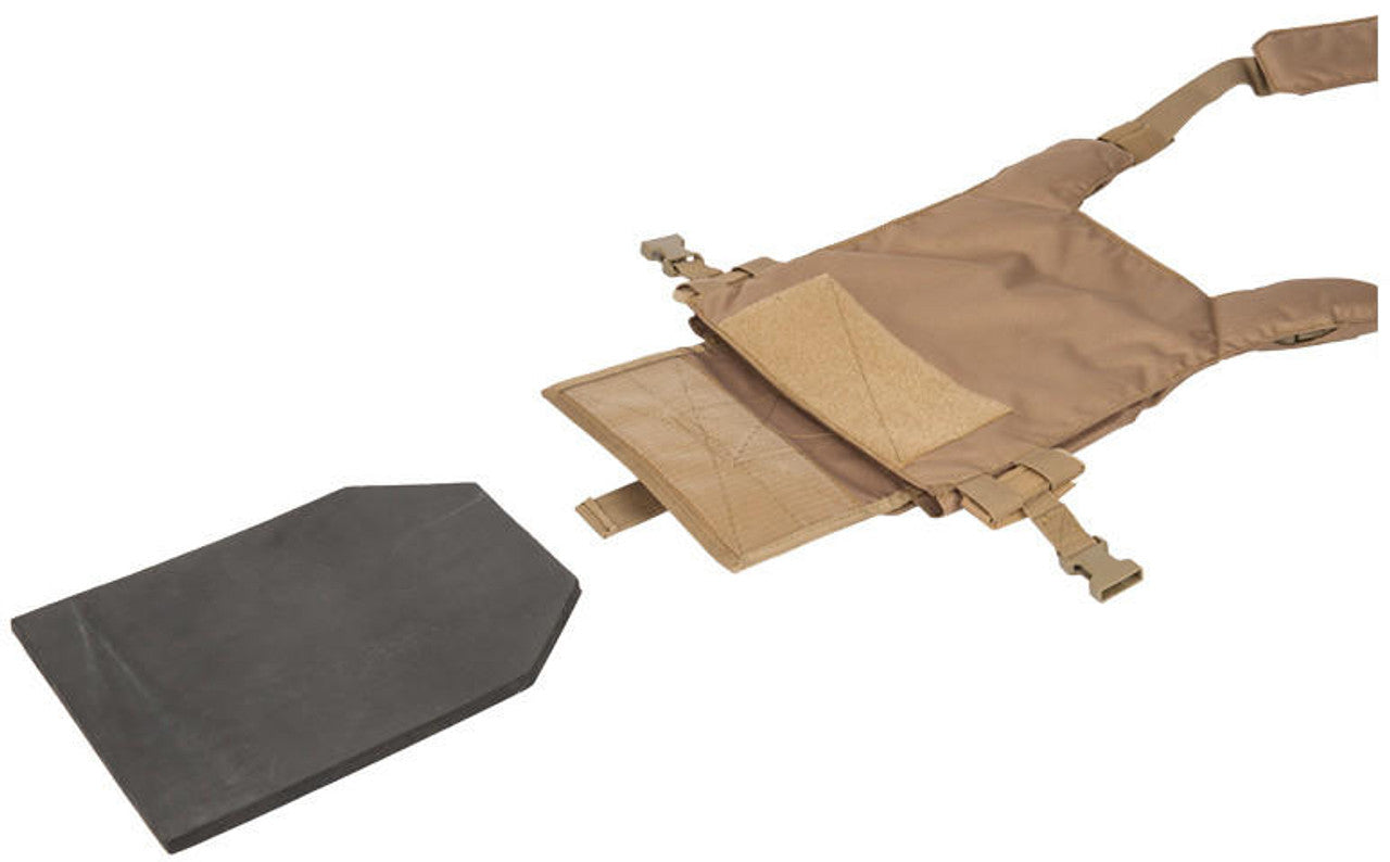 Lancer Tactical Speed Attack Tactical Vest in Coyote Brown with MOLLE webbing, adjustable pouches, and rugged design for tactical use - Image of Vest and Chest Plate