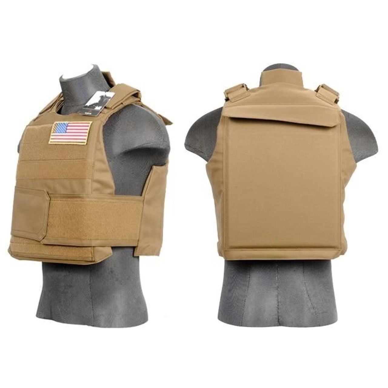 Lancer Tactical Tan Airsoft Body Armor Vest - Left side and back side view of the vest