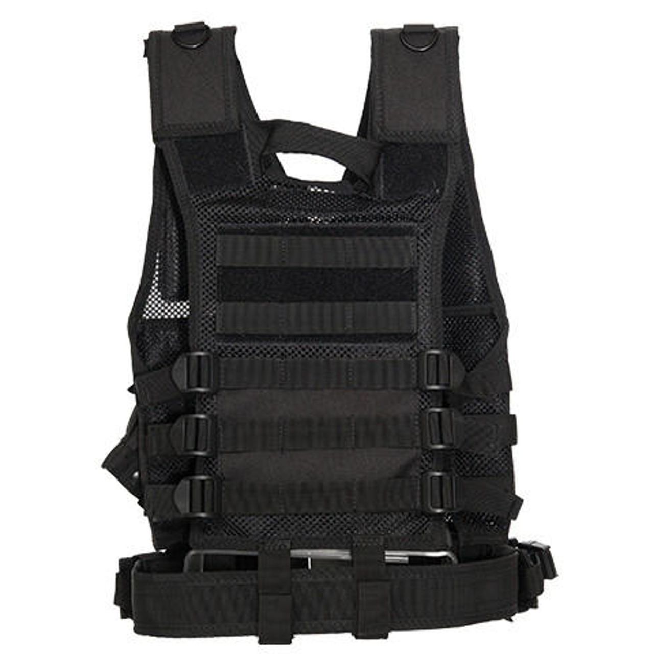 Back View of Youth Tactical Vest in Black – Adjustable Straps and MOLLE Webbing