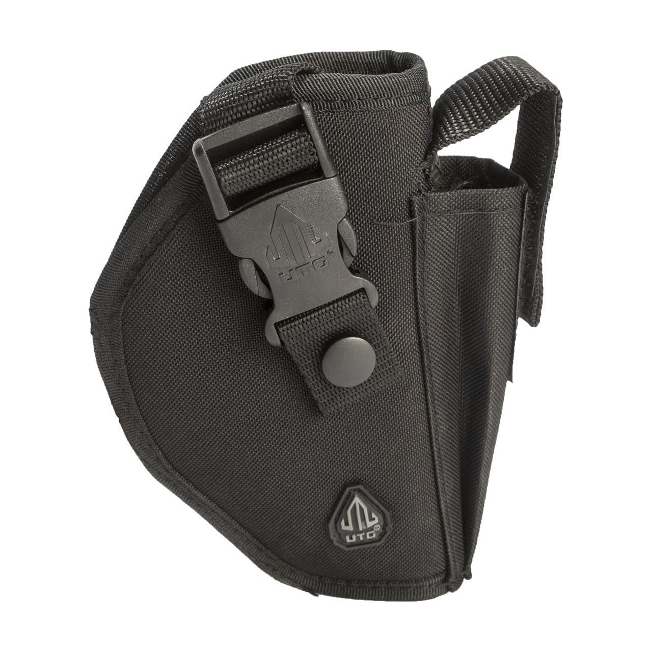 Leapers Deluxe Commando Belt Holster, featuring an adjustable thumb break strap, retention bungee cord, and MOLLE compatibility for secure and versatile pistol carry