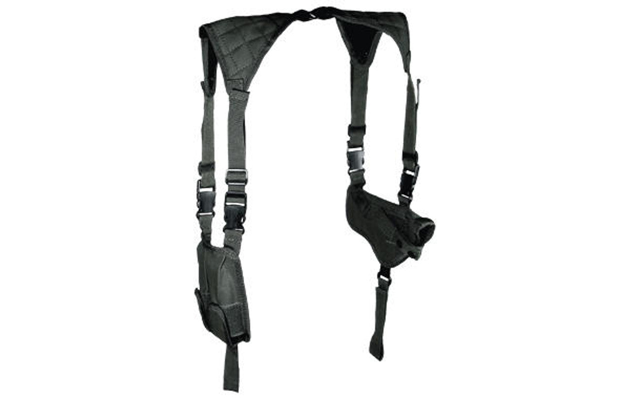 Leapers Deluxe Universal Horizontal Shoulder Holster, featuring an adjustable padded harness, horizontal design, and dual magazine pouches for pistols and revolvers.