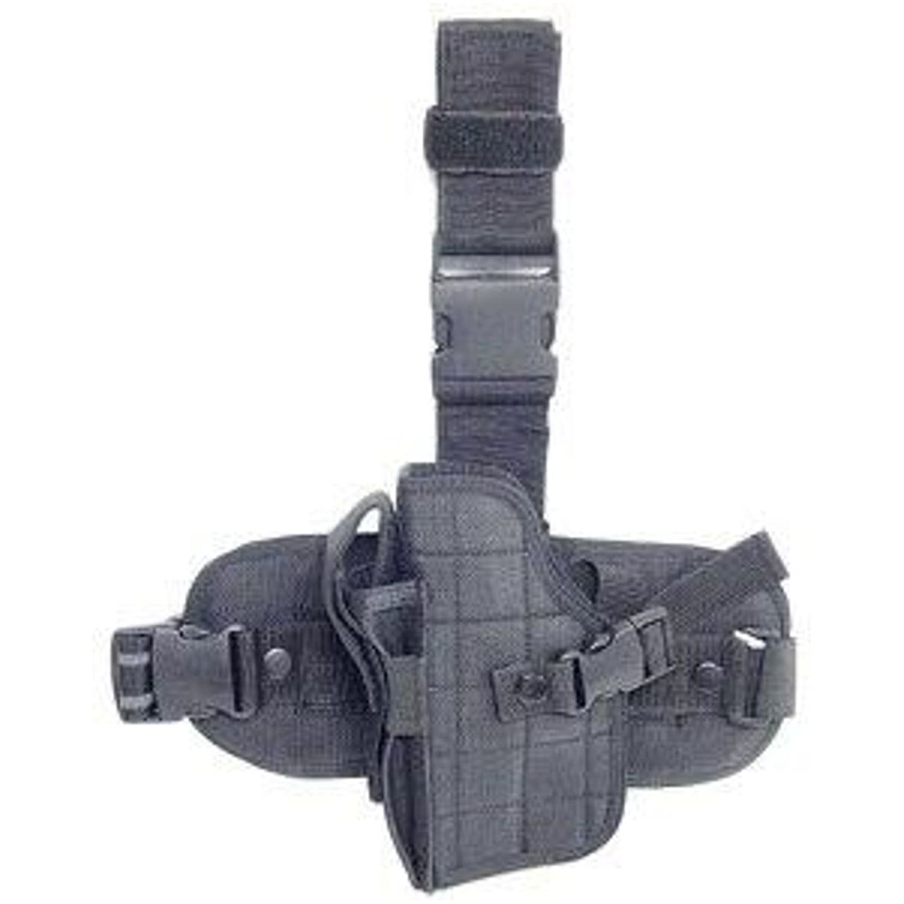 Leapers Special Operations Universal Tactical Black Leg Holster (Left Handed), featuring a double thumb-break security system, non-slip holster pad, adjustable and removable leg strap, and built-in spare magazine pouch in black color