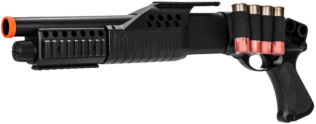 AMA Spring RIS Pistol Grip Airsoft Shotgun, Black view of left angle of muzzle, trigger, pistol holder and rifle shell