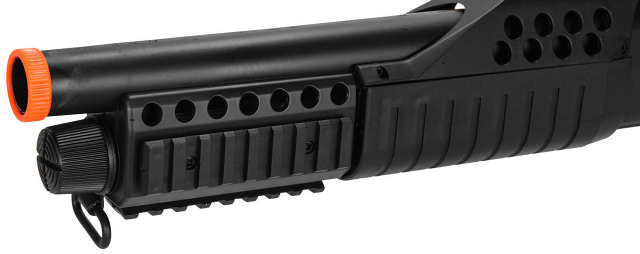 AMA Spring RIS Pistol Grip Airsoft Shotgun, Black - close up of muzzle and sling clip