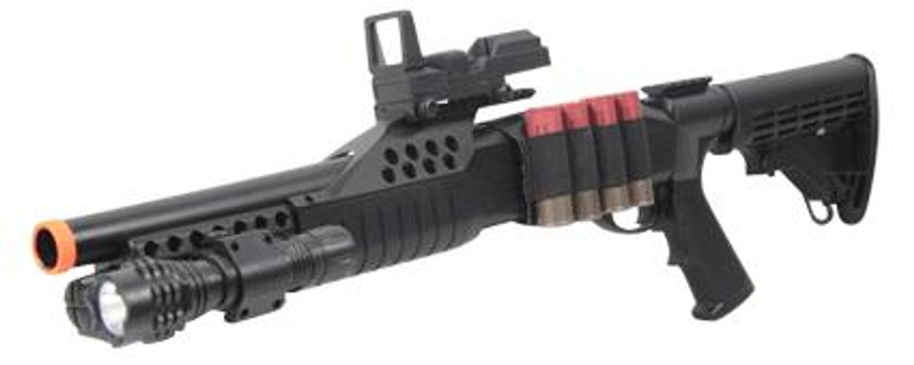 M180C2 Tactical Pump Action Airsoft Shotgun with red dot sight and shell holder