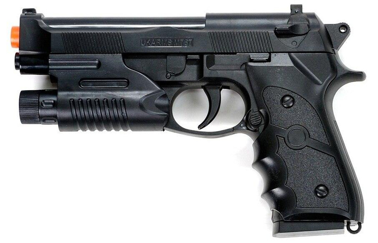 M9 style black airsoft spring pistol with built-in red laser sight