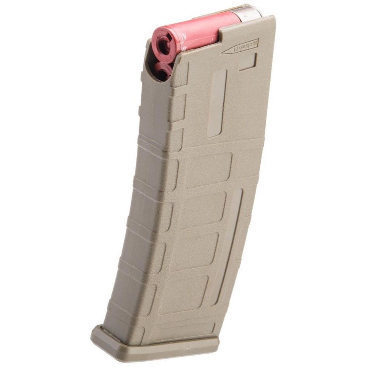 Matrix AR15 Magazine Shaped Shotgun Shell Quick Holder in Tan, designed to hold shotgun shells, featuring durable construction and a convenient quick-release mechanism for easy access. Note: This item is not an Airsoft Magazine, it is actually an AR15 Shotgun shell holder.