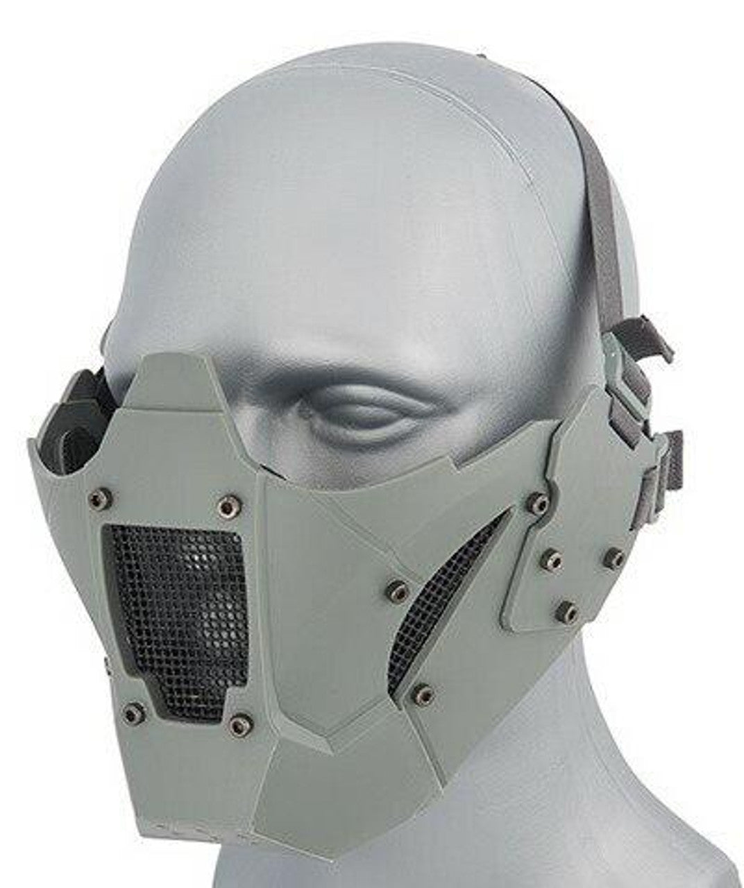 "Mesh & Polymer Retro Mecha Lower Face Protection System in Gray, featuring breathable steel mesh, durable polymer construction, retro mecha design, and adjustable straps for helmet compatibility and airsoft gameplay.