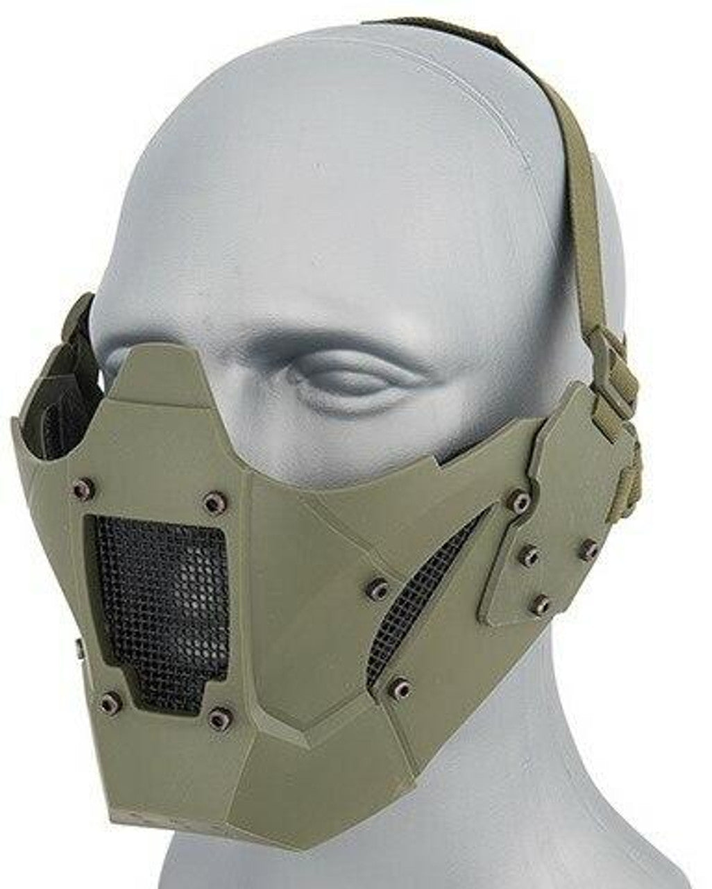 "Mesh & Polymer Retro Mecha Lower Face Protection System in OD Green, featuring breathable steel mesh, durable polymer construction, adjustable straps, helmet compatibility, and tactical design for airsoft enthusiasts