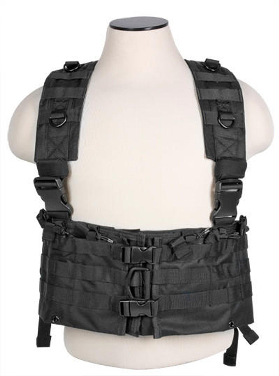 NcStar AR Chest Rig in Black with six double AR magazine pouches, bungee retention straps, PALS webbing, hydration bladder compatibility, and heavy-duty D rings on suspenders for tactical use.