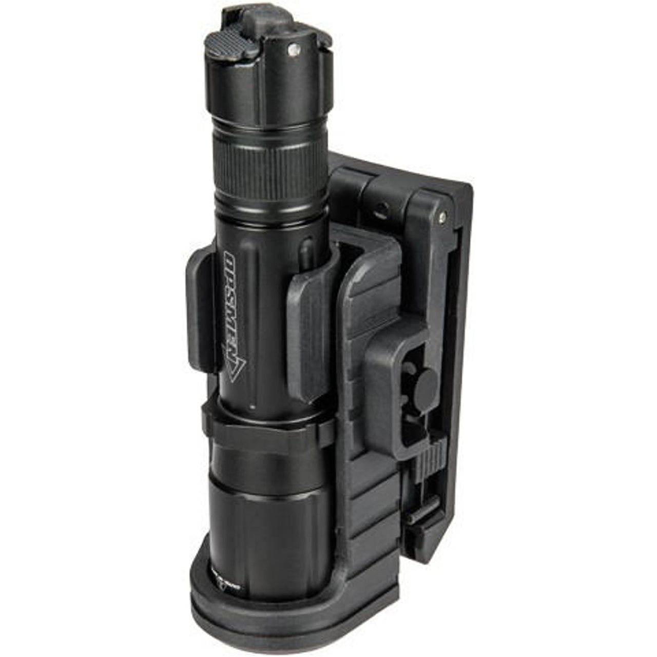 "Opsmen Adjustable Tactical Flashlight Speed Holster, Black - High-strength polymer holster with 360-degree rotation, firm belt clip for quick deployment, and compatibility with Opsmen FAST 501 and 501A tactical flashlights. Ideal for law enforcement, military personnel, and outdoor enthusiasts.