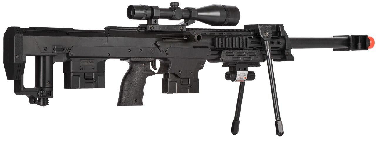 P1050 spring airsoft sniper rifle with tactical flashlight and laser sight, includes pistol combo set