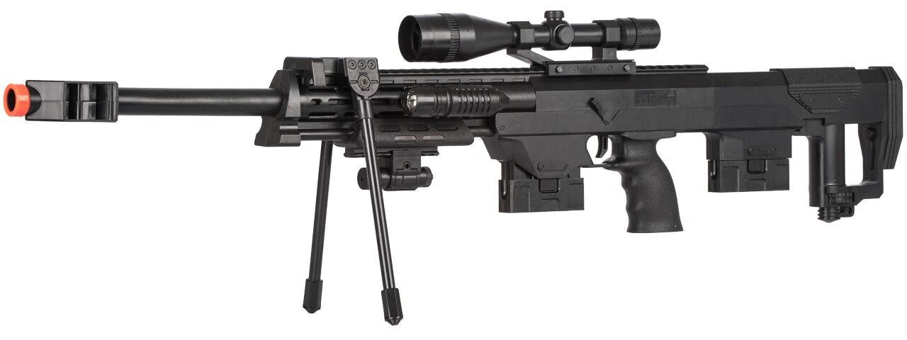 Full view of the P1050 spring-powered sniper airsoft rifle kit with pistol, BBs, and accessories