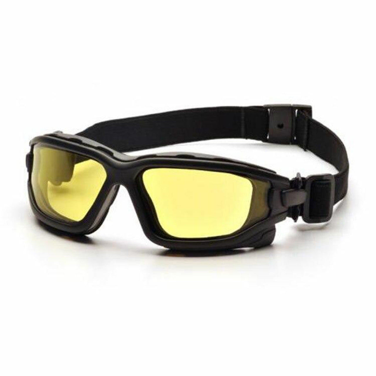 Pyramex I-Force Airsoft Goggles featuring an amber lens for enhanced contrast, lightweight design, anti-fog dual-pane system, and adjustable strap for a secure fit.