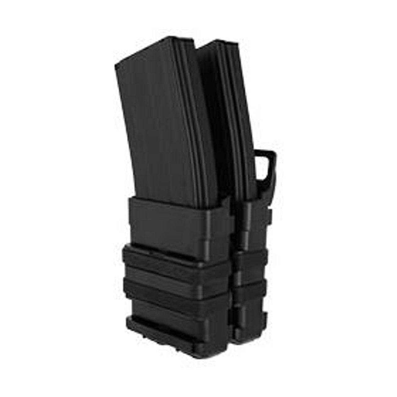 Quick Double M4 Magazine Pouch, Black, designed to hold two AR/M4 magazines, featuring durable nylon fabric, rubber band retention, and MOLLE compatibility for secure attachment to tactical gear.