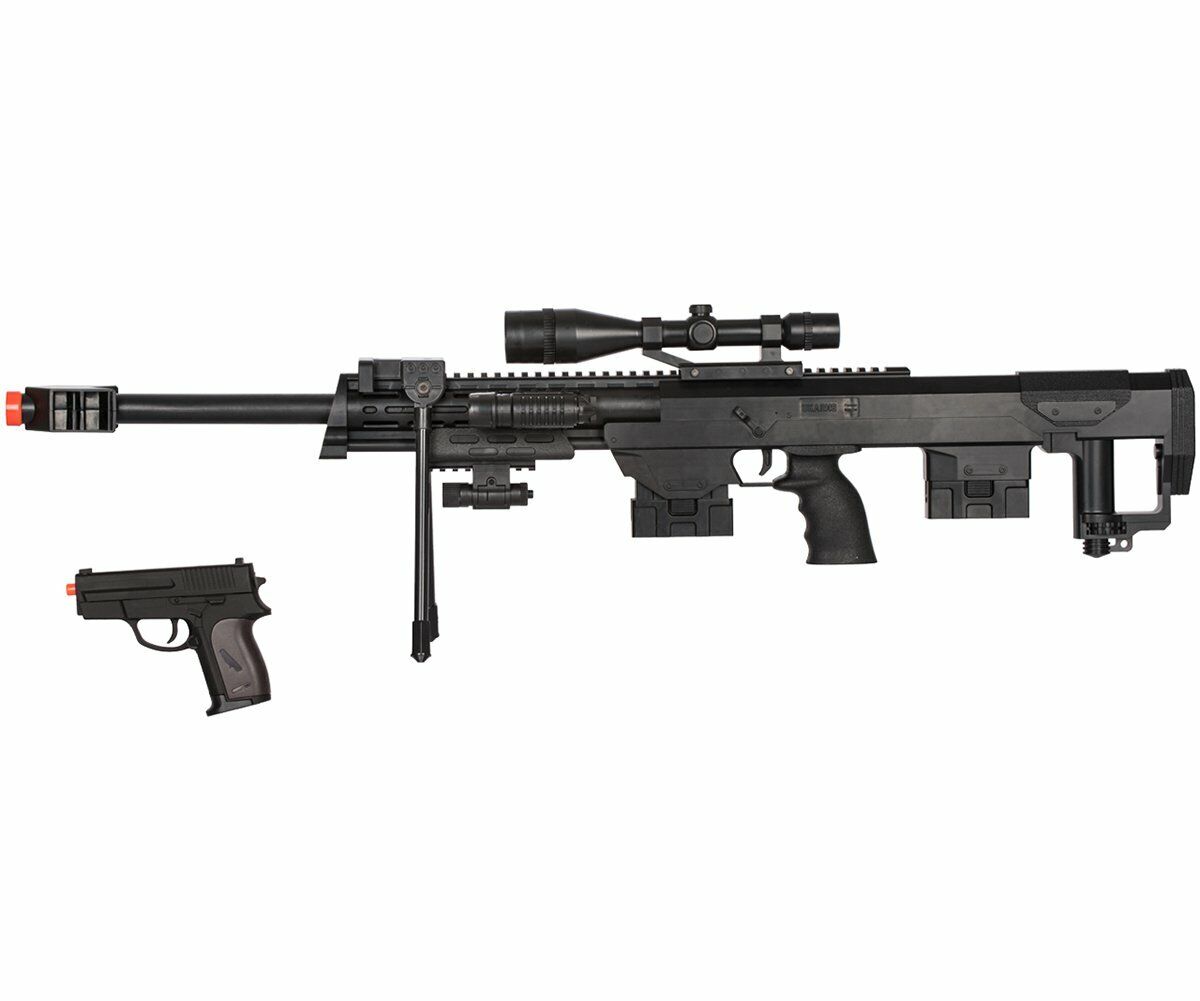 Black airsoft sniper rifle and pistol combo kit by UKARMS with red laser and flashlight attachment