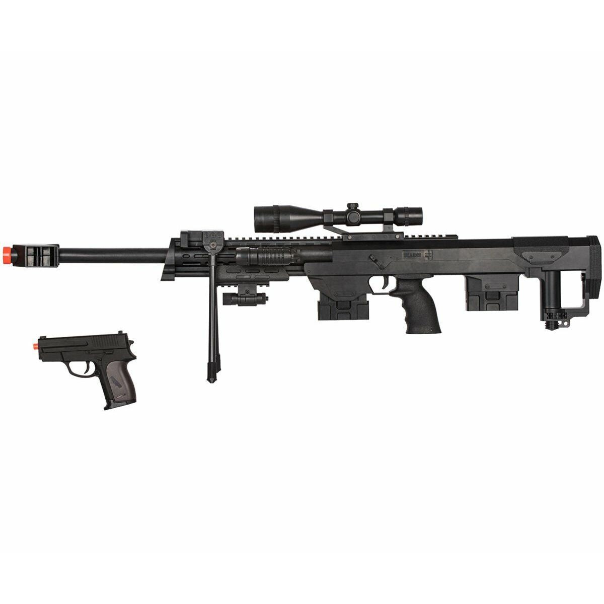 Black airsoft sniper rifle and pistol combo kit by UKARMS with red laser and flashlight attachment
