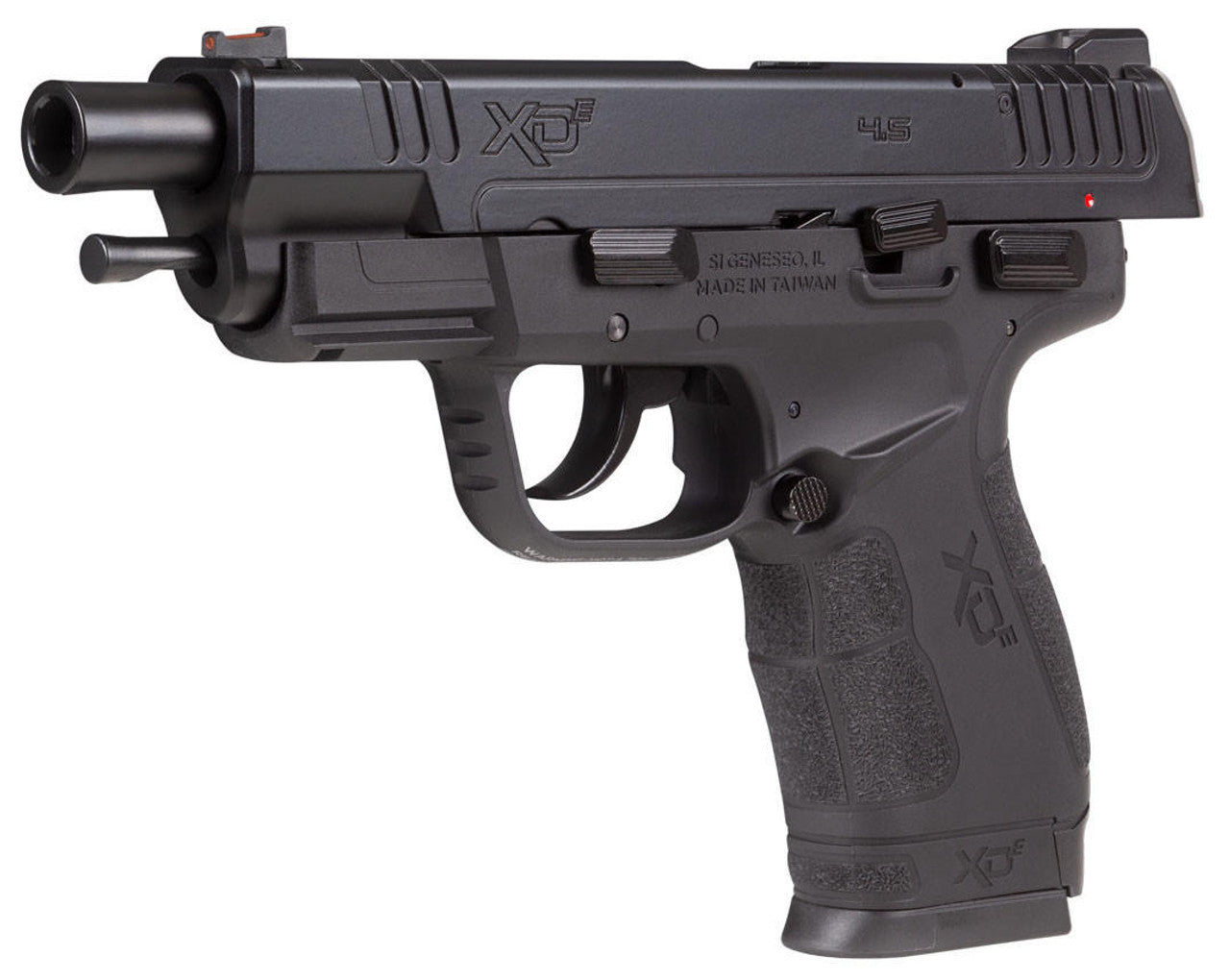 Springfield Armory XDE .177 Cal CO₂ Blowback BB Pistol showing pistol grip, trigger, safety switch, and slide pushed back